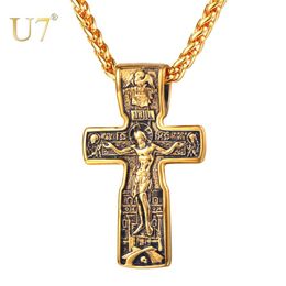 Colliers U7 Crucifix jésus croix pendentifs colliers couleur or chaîne en acier inoxydable Vintage église catholique religieux hommes bijoux P119