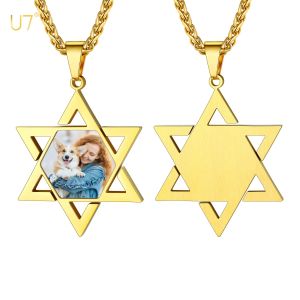 Collares Collar de estrella de David de acero inoxidable U7 con su foto Imagen conmemorativa Grabado con láser Nombre Joyería personalizada para la familia