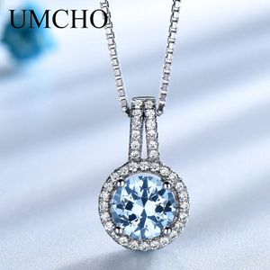 Colliers UMCHO bleu topaze pierres précieuses pendentifs colliers pour femmes solide 925 en argent Sterling pendentif marque Fine bijoux de mariage cadeau pour elle