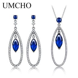 Kettingen Umcho Sterling Sier Sieraden Sets Elegante Blauwe Saffier Hanger Ketting Oorbellen voor Vrouwen Bruiloft Kerstcadeau Nieuw