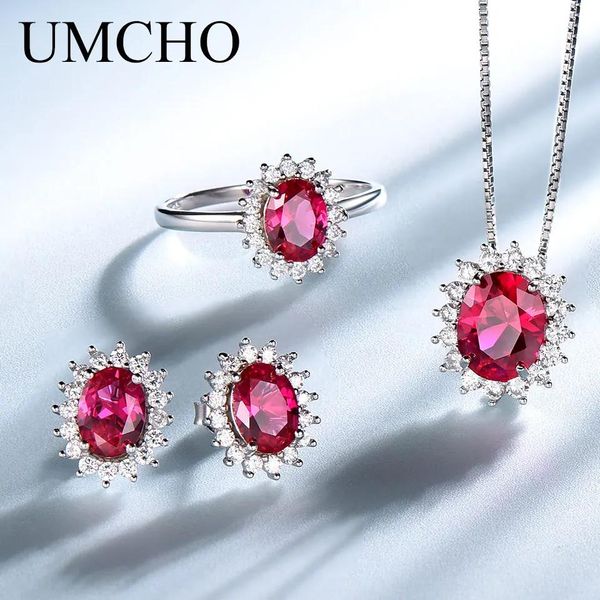 Colliers Umcho Sterling Sier Nano Gemstone Ensembles de bijoux pour femmes Roses rouges Anneaux Collier Boucles d'oreilles Ensembles Cadeau de fiançailles romantique