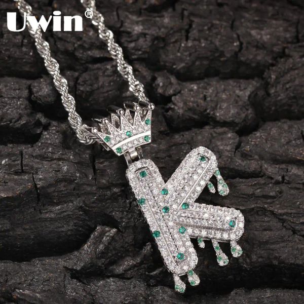 Colliers uwin hiphop bijoux d'eau goutte à goutte initiale collier de chaîne de lettres avec couronne pensionn