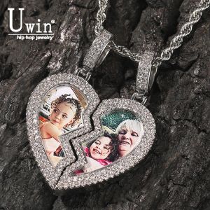 Colliers Uwin deux demi-coeur photo pendentif personnalisé coeur brisé demi mémoire magnétique médaille collier glacé CZ bijoux de mode pour les femmes