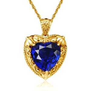 Colliers Victoria Style Royal Blue Sapphire Coeur Collier pour femmes avec pierre 15 * 15 mm Jijou de mariage de luxe en or jaune 15 mm
