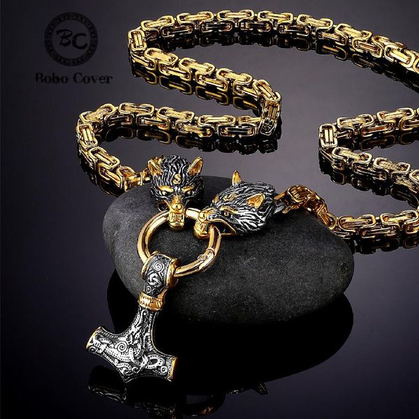 Collares Viking Odin Thunder Hammer Collares con cabeza de lobo Amuleto Vegvisir MJOLNIR Colgante Runas nórdicas Ancla Joyería de cadena de acero de titanio