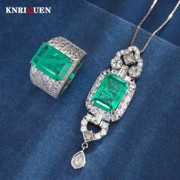 Colliers Vintage 10 * 14 mm Emerald Gemstone Lab Diamond Pendant Collier Rings For Women Wedding Bands Party Fine Bijoux Set ACCESSOIRES