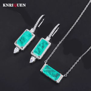 Colliers Vintage 8 * 16 mm Paraiba Tourmaline Emerald Pendant Collier Drop Boucles d'oreilles pour femmes Lab Diamond Mariage Fête Fine Bijoux Ensembles