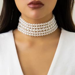 Kettingen Vintage Imitatie Pearl Pearl Meerlagige ketting Oval Oval Beasds Choker Elegante kraag voor damesketen Juwelen Accessoires Party Gift