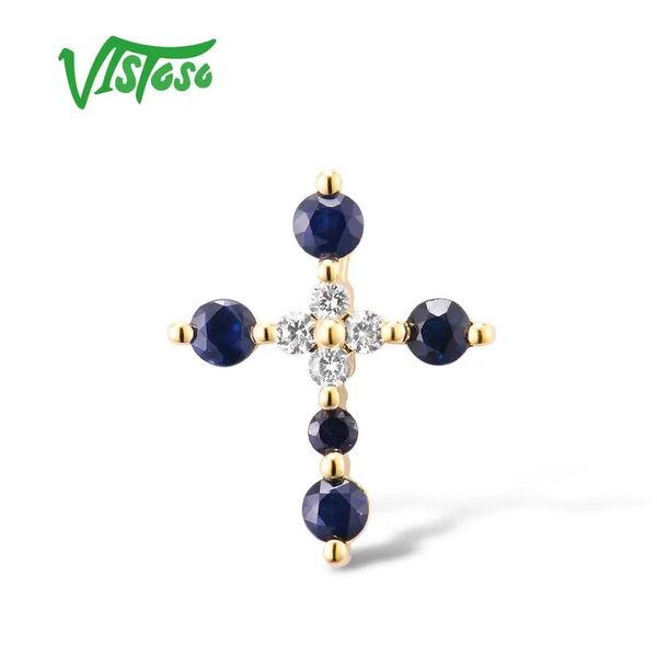 Colliers Vistoso Gold Pendants pour femmes Authentiques 14K 585 Jaune Gol Cross Pendant Blue Sapphire White Sapphire Elegant Fine bijoux