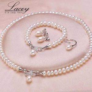 Collares Conjunto de joyas de perlas de agua dulce para mujer, collar de perlas naturales genuinas, conjuntos de joyas, regalos de aniversario para madre, blanco