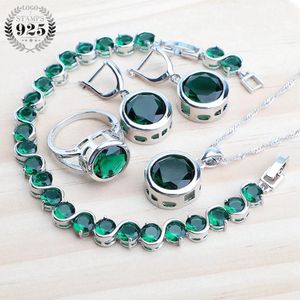 Collares Conjuntos de joyería para mujer de boda Joyería de plata Anillos de disfraz de circón verde para mujer Pulseras Pendientes Conjunto de colgante y collar
