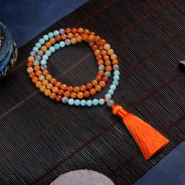 Colliers Collier femme pour guérison et méditation, collier orange 8mm avec pompon en coton, japamala 108, fontaine