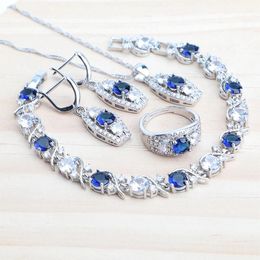 Kettingen Vrouwen Sier Sieraden Sets Ronde Blauwe Zirkoon Stenen Oorbellen Ringen Hanger Bruids Ketting Armbanden Bruiloft Set Jewerly