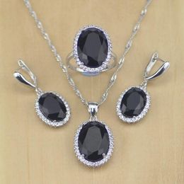 Colliers en argent Sterling pour femmes, ensemble de bijoux en cristal noir Cz blanc, boucles d'oreilles/pendentif/collier/bague, taille 6 7 8 9 10 T231