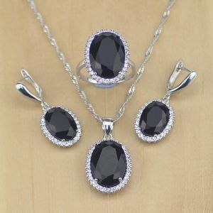 Kettingen Vrouwen Sterling Sier Sieraden Zwart Cz Wit Kristal Sieraden Set Oorbellen/hanger/ketting/ring Maat 6 7 8 9 10 T231