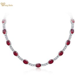 Kettingen Wong Rain 100% 925 Sterling Zilver Ovaal Geslepen 7*9MM Ruby Gemaakt Moissanite Edelsteen Vintage Ketting Voor vrouwen Fijne Sieraden