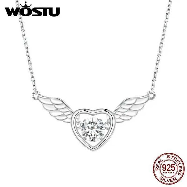 Collares Wostu 925 alas de ángel de plata esterlina Collar colendiente para mujer amuletos blancos de cristal cadena de cuello de niña joyería minimalista