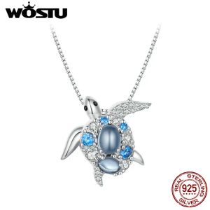 Colliers WOSTU 925 argent Sterling océan tortue de mer collier pendentif pour femmes brillant bleu spinelle Zircon vacances bijoux cadeau d'anniversaire