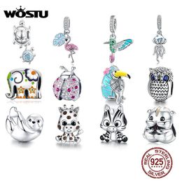 Collares Wostu Animal Zoo Flamingo Charm Sterling Sier Elefante Owl Beads Ladybug Colgante Fit Original Pulsera DIY Fabricación de joyas