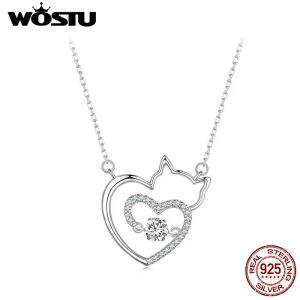 Kettingen Wostu Origineel 100% 925 Sterling Silver Sravelig Cat -ketting met zirkoon voor vrouwen Fine Jewelry Pet Series Verjaardagsfeestje Gift