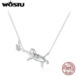 WOSTU Originele 925 Sterling Zilver Speelse Kat Vlinder Ketting Huisdier Hanger Druppel Sterren voor Vrouwen Dagelijks Feestcadeau Fijne Sieraden