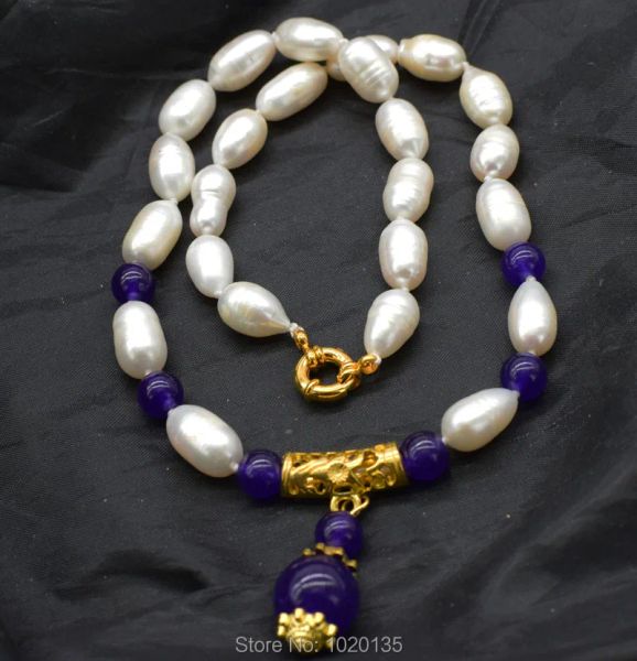 Colliers wow!riz blanc nacré en eau douce 1214 mm et collier pendentif jade violet 18 