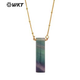 Colliers WTN1395 Incroyable unique arc-en-ciel Fluorite pierre collier long rond cube pendentif collier avec plaqué or résister ternisable