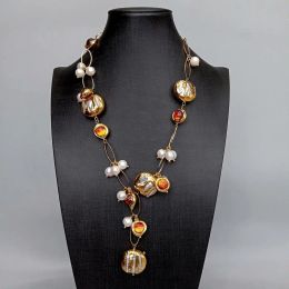 Colliers Y.yyy Eater Culture Culture Biwa Pearl Brown Murano Glass Chain Pearl Ydrop Collier 21 "