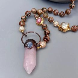 Colliers yygem 10 mm rond dzi agate cultivé blanc perlé rose oculaire collier rose quartz point pendante 23 "