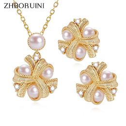 Colliers Zhboruini 14 carats plaqué or rétro palais style perle ensembles de bijoux véritable collier de perles d'eau douce naturelles boucles d'oreilles pour femmes cadeau