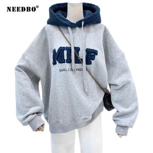 Needbo MILF Hoodie's Sweatshirts Letter Print Lamb Wol Pullovers Losse Koreaanse stijl Jacket Volledige mouw Casual Tops 211013