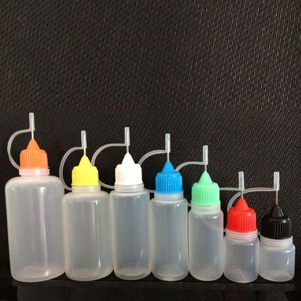 Bottiglia con ago 5ml 10ml 15ml 20ml 30ml 50ml Bottiglie contagocce in plastica stile PE morbido Tappi a prova di bambino LDPE E Bottiglia vuota liquida con metallo Qtkl