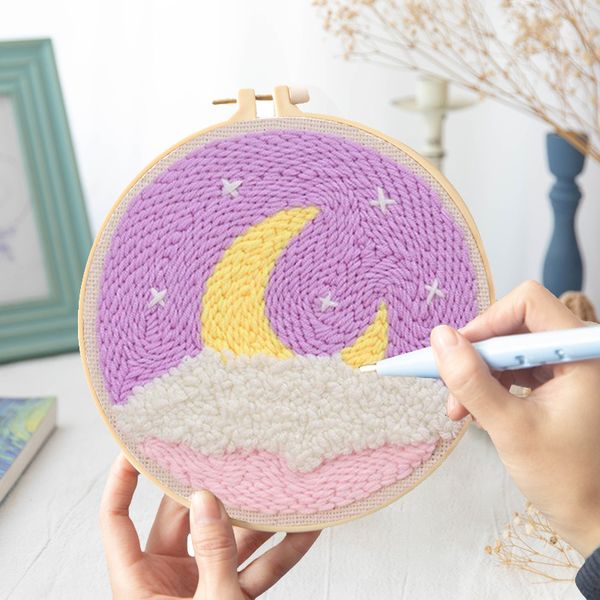 Aiguille paysage lune poinçon broderie Kits de démarrage bricolage artisanat ensemble tapis outil d'accrochage avec enfileur tissu fil de laine