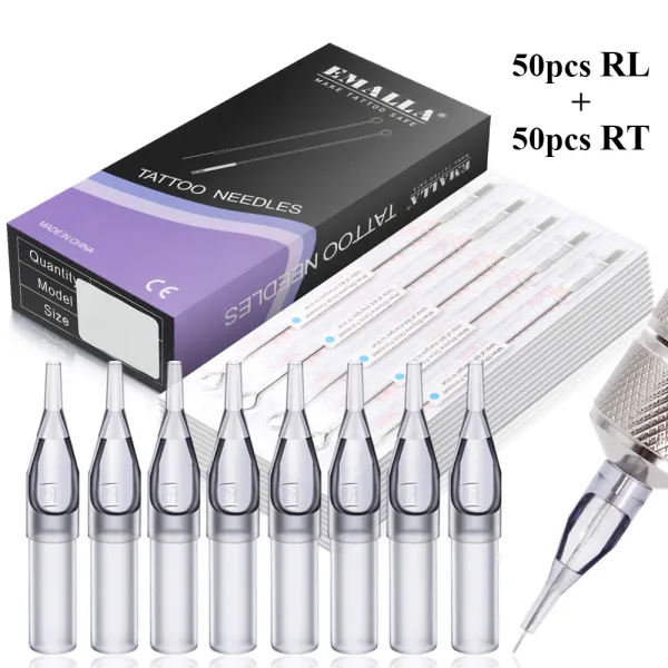 Aiguilles EMALLA stérilisées 100 pièces/ensemble 3RL 5RL 7RL 9RL 11RL aiguilles de tatouage et 3RT 5RT 7RT 9RT 11RT conseils de tatouage gris Kits de tatouage de maquillage