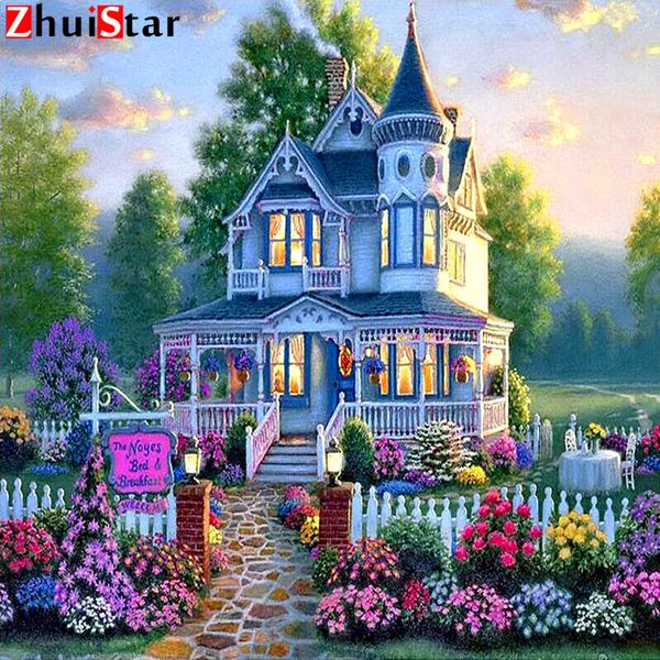 Bordado de costura 5D DIY Diamond Painting Cottage Villa Cuadro Cuadro Cruz Punto Cruz Rhinestone Decoración Arte XY1