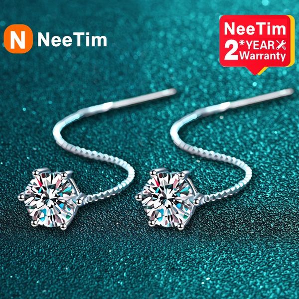 NeeTim 1CT boucles d'oreilles S925 en argent Sterling plaqué avec de l'or blanc ligne de fil d'oreille goutte boucle d'oreille cerceau de mariage bijoux fins 240227