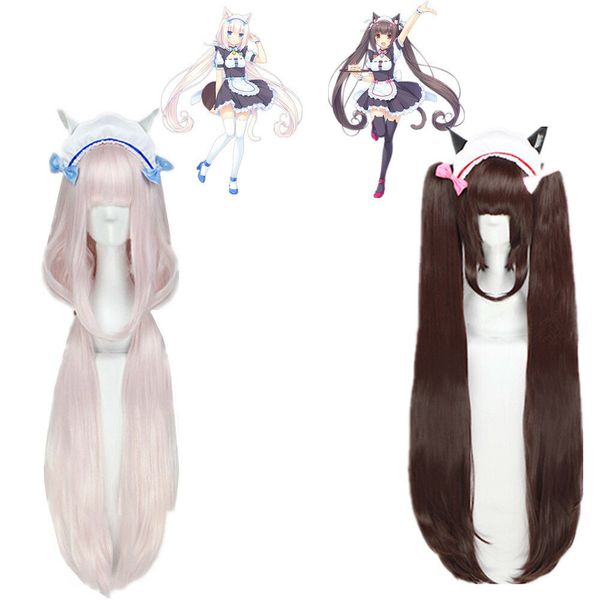 NEKOPARA Chocolat vanille Cosplay pleine perruque rose marron longue queue de cheval cheveux