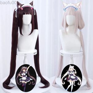 Peluca de Cosplay de Chocolate Nekopara, cola de caballo larga, marrón, vainilla, rosa, pelo sintético resistente al calor L220802