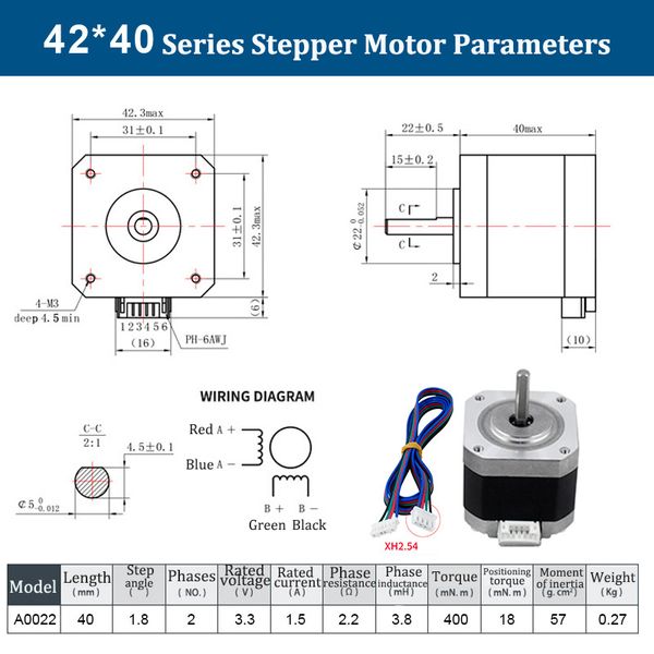 NEMA 17 Moteur pas à pas 0,42N.M Hauteur de phase 2 23 mm 33 mm 40 mm 47 mm 42 Moteur pas à pas pour imprimante 3D