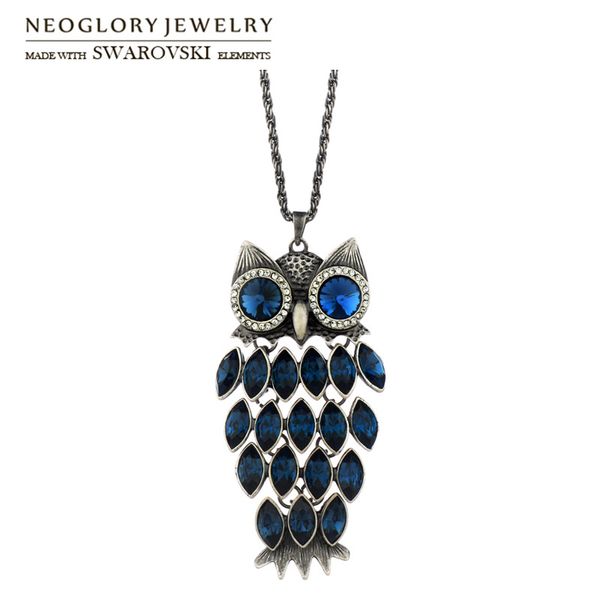 Neoglory Autriche Crystal Auden Strass Owl Design Long Charme Collier Anti Silver Plaqué Vintage Style Femmes Vente à la mode