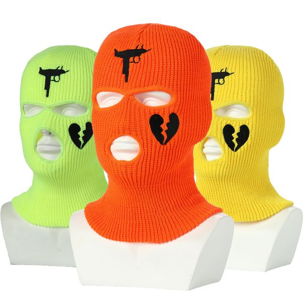 Pasamontañas de neón Gorro de tres agujeros Máscara de esquí Sombrero de invierno Acrílico Punto Deportes Cuello Mascarilla Esquí Snowboard Gorra de viento Policía Ciclismo Máscaras de motocicleta Corazón bordado