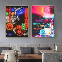 Neon Big City Canvas Painting Street Lights Art Posters and Prints Wall Art Nordic Picture Cuadros Home Cafe Bar Living Room Decor No Frame WO6