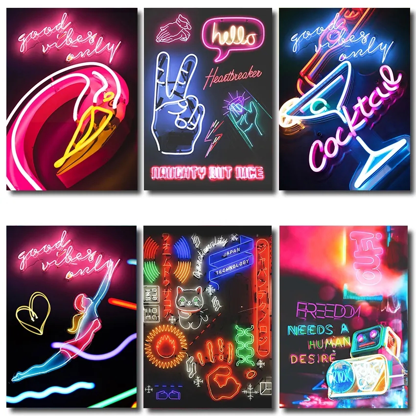 Neon City Lights Canvas Painting Neon Street Light Sign Posters and Prints Wall Art Nordic Picture Cuadros Home Living Room Cafe Bar Decor No Frame Wo6