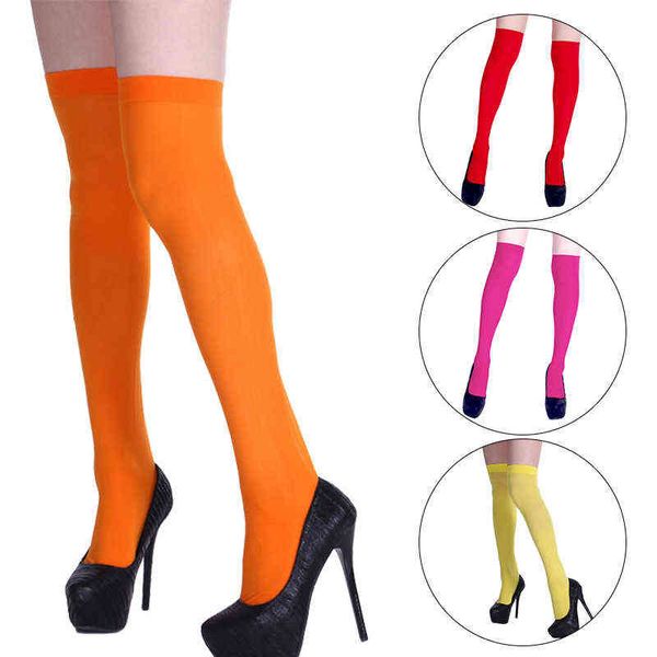 Medias altas hasta el muslo de Color neón, medias sexis para mujer, ropa de fiesta de noche amarilla naranja, calcetines hasta la rodilla Kniekousen para mujeres y niñas Y1119