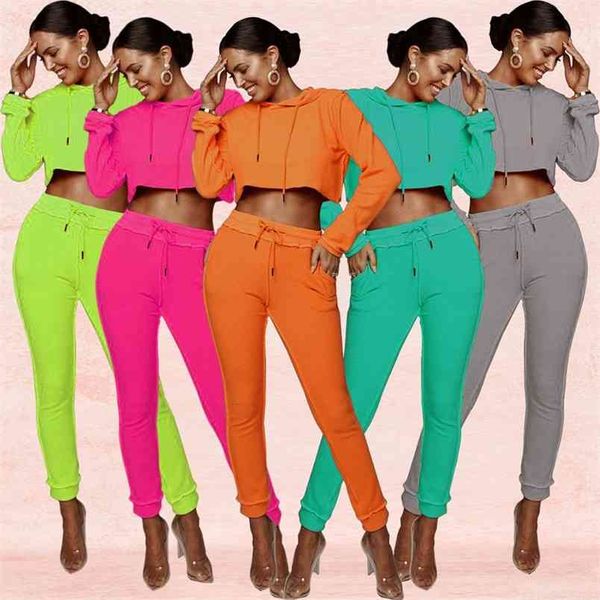 Néon Couleur Deux Pièces Ensemble À Manches Longues Crop Top et Pantalon Femmes Casual Solide Tenues Dames Vêtements Ensembles Conjunto Femenino 210517