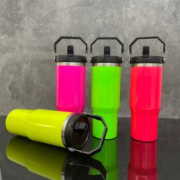 Neon kleuren sublimatie glanzend 30 oz tumbler vacuüm geïsoleerde roestvrijstalen reiskoffie mok met een lekkaste deksel en bovenste handgreep voor heet afdrukken