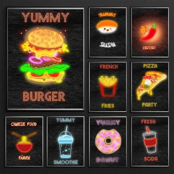 Póster de HAMBURGUESA con efecto neón, DONUT SUSHI, pinturas en lienzo de comida rápida, impresiones artísticas de pared, imagen para restaurante, cocina, bar, club, decoración del hogar, regalo sin marco Wo6