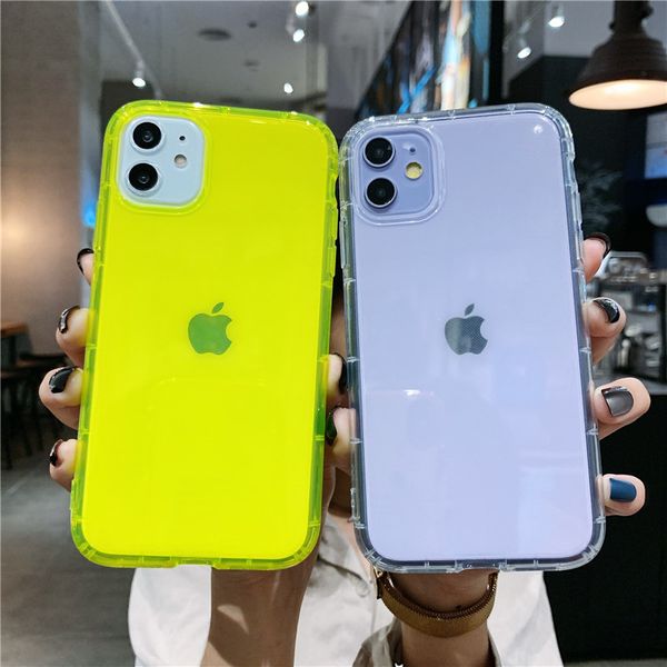 Coque de téléphone couleur fluorescente néon, étui arrière en TPU souple transparent antichoc pour iPhone 12 mini 11 Pro XR X XS Max 7 8 Plus