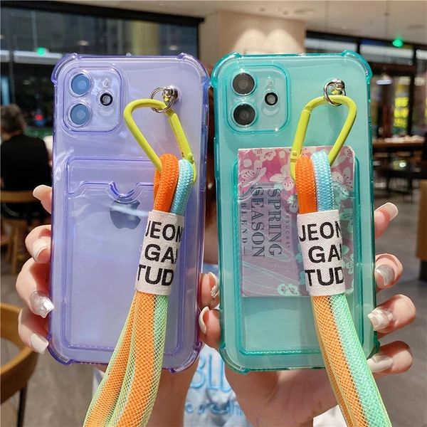 Funda de teléfono con cadena y correa de Color fluorescente neón para iPhone 13, 14, 12, 11 Pro Max, XR, X, XS, Max, 7, 8 Plus, funda para tarjeta a prueba de golpes