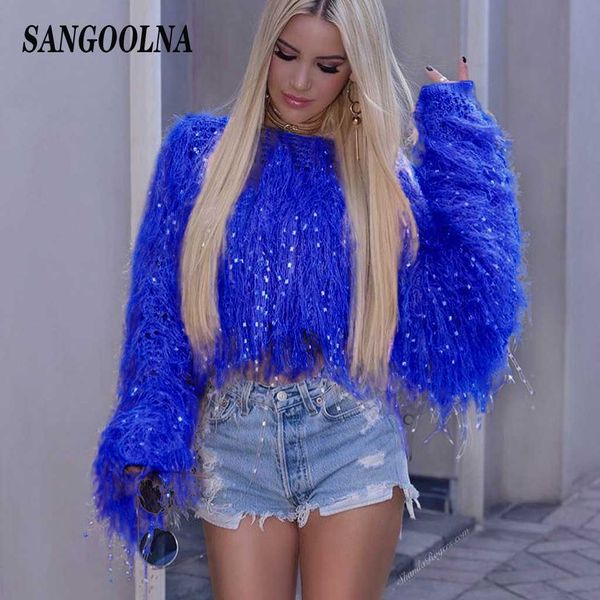 Neon Fringe Femme Crop Pull surdimensionné Pull tricoté Lady Mode Vêtements Femmes Hiver Tops Tassel Jumper Sexy Streetwear X0721